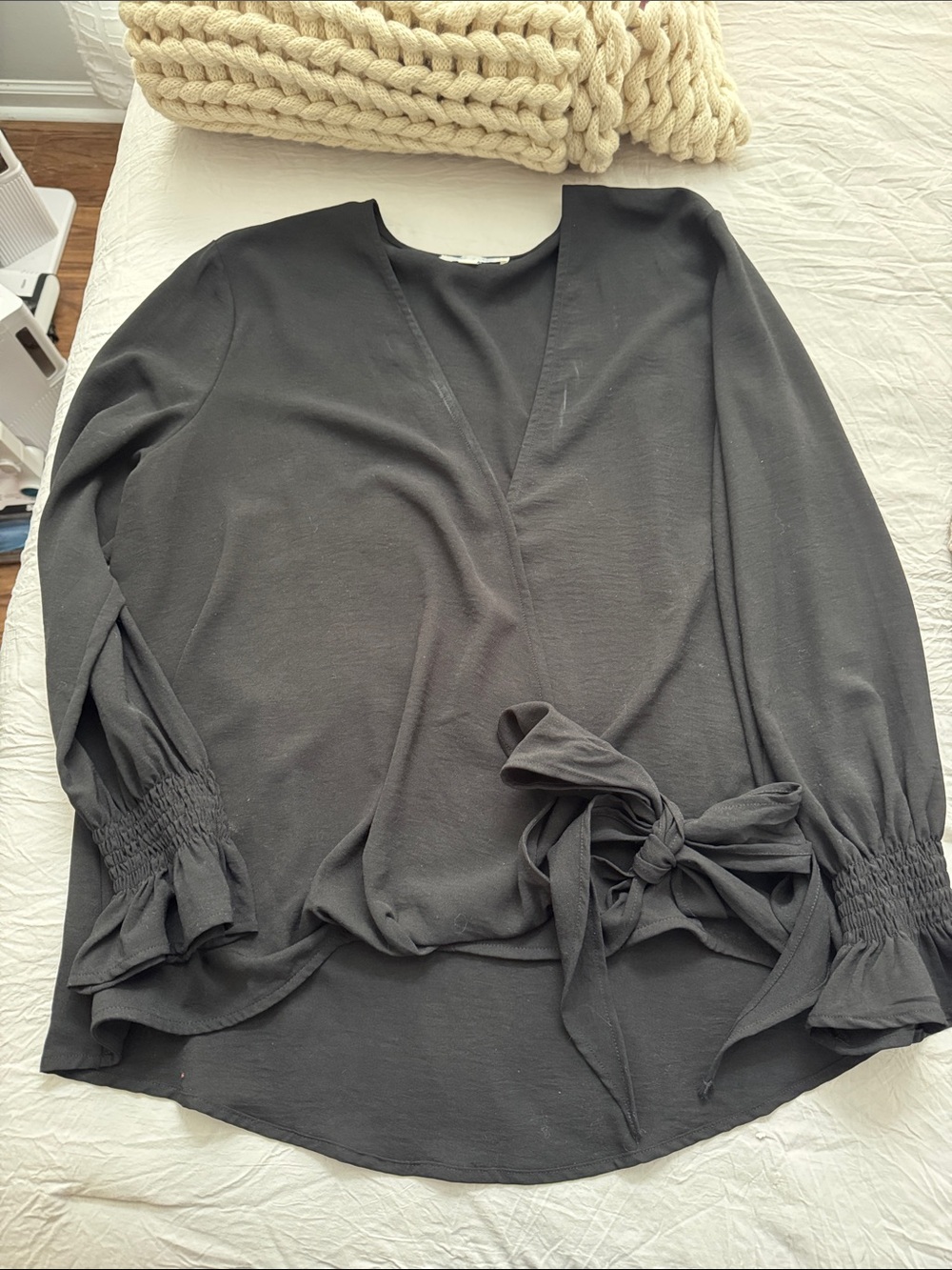 She + Sky Black Tie-Waist V-Neck Wrap Blouse